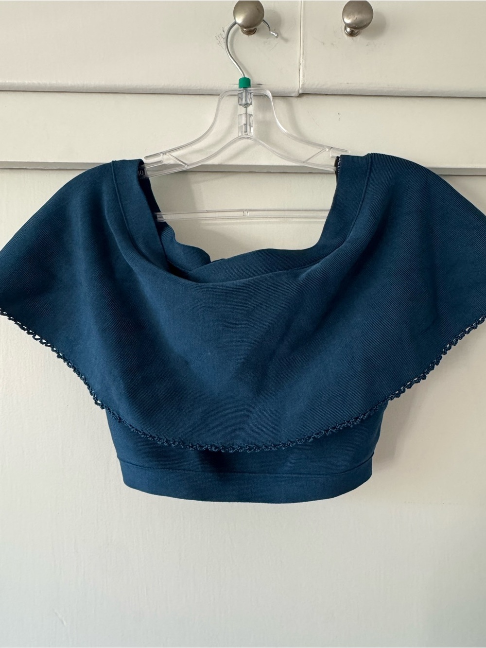 Bandage Womenโs Navy Off-Shoulder Ruffled Crop Top